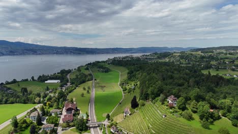 Stäfa-with-lush-green-fields,-houses,-and-a-beautiful-lake-in-the-background,-aerial-view