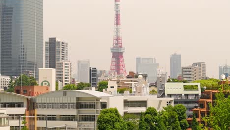 Langsames-Hochschwenken-über-Die-Wunderschöne-Skyline-Der-Stadt-Mit-Dem-Tokyo-Tower