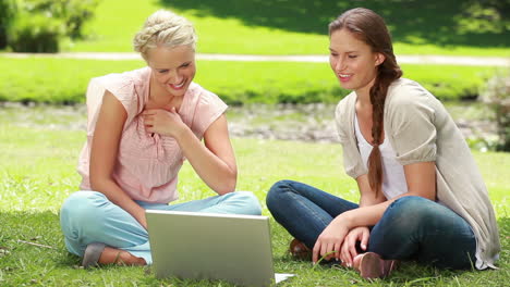 Zwei-Frauen-Sitzen-Im-Gras,-Benutzen-Gemeinsam-Einen-Laptop-Und-Schauen-Dann-Beide-In-Die-Kamera