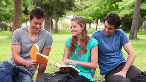 El-Hombre-Muestra-Un-Libro-A-Sus-Amigos-Mientras-Sonríe-Mientras-Se-Sientan-Juntos-En-Un-Parque.