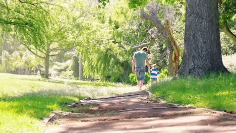 Vista-Trasera-Del-Padre-Y-El-Hijo-Caminando-