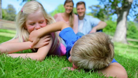 Brother-and-sister-tickling-each-other-while-lying-in-the-grass