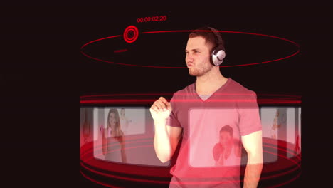 Ein-Mann-Mit-Kopfhörern,-Der-Mit-Einer-3D-Schnittstelle-Interagiert