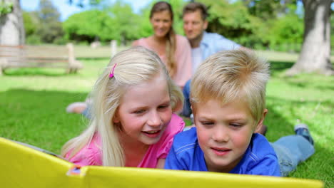 Brother-and-sister-reading-a-book-together-while-lying-in-the-grass