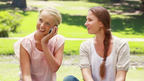 Two-girls-sit-in-the-park-and-pass-the-phone-back-and-forth-while-talking-on-it