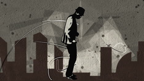 Man-dancing-with-a-silhouette-of-a-city-and-floating-effects-in-the-background
