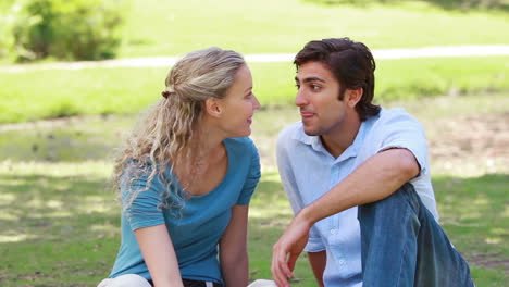 A-couple-sit-together-in-the-park-as-the-man-tickles-the-woman-before-looking-at-the-camera