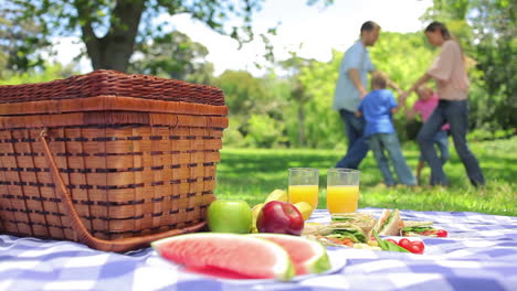 Im-Hintergrund-Springt-Eine-Familie-Im-Kreis,-Im-Vordergrund-Steht-Eine-Platte-Auf-Einem-Picknickkorb