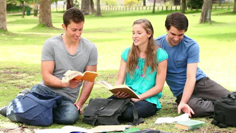 Drei-Freunde-Unterhalten-Sich-Und-Lachen,-Während-Sie-In-Einem-Park-Sitzen-Und-Bücher-Studieren