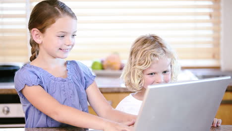 Junges-Mädchen-Mit-Einem-Laptop-Mit-Ihrem-Bruder