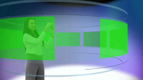 Welldressed-woman-looking-at-different-screens-in-chroma-key