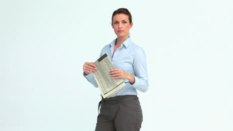 Happy-businesswoman-reads-the-news-and-crosses-the-arms