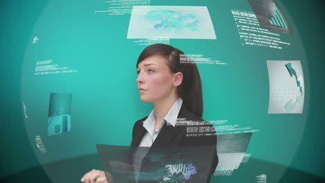 Businesswoman-using-interactive-touchscreen