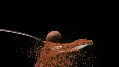 Brown-nut-falling-in-super-slow-motion-in-a-spoon-filled-with-powder