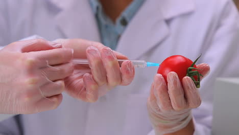 Estudiantes-Parados-En-El-Laboratorio-Tomando-Muestras-E-Inyectando-Con-Una-Jeringa-Un-Tomate