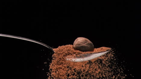 Brown-nut-falling-in-super-slow-motion-in-a-spoon-with-powder