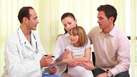 Doctor-talking-to-a-smiling-girl-with-her-mother-and-father