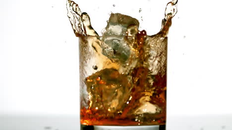 Ice-cube-falling-in-whiskey-tumbler