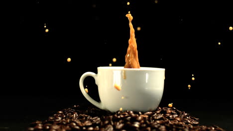 Sugar-cube-falling-in-coffee-cup-and-splashing