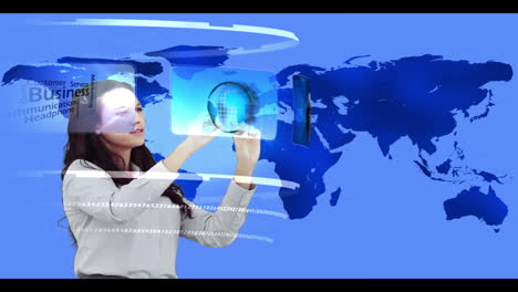 Woman-searching-through-interactive-media-library-on-world-map-background