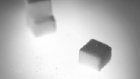 Four-sugar-cubes-falling-on-white-surface