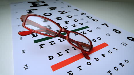 Gafas-De-Lectura-Rojas-Cayendo-Sobre-Un-Examen-De-La-Vista