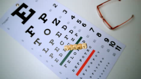 Dice-spelling-out-sight-falling-onto-eye-test-beside-glasses