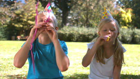 Siblings-with-party-hat-having-fun-with-party-horn