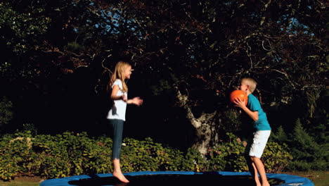 Hermanos-Alegres-Divirtiéndose-Con-Una-Pelota-De-Baloncesto-En-Un-Trampolín