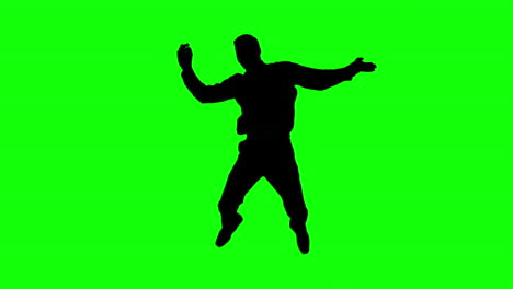Silhouette-Eines-Mannes,-Der-Auf-Einem-Grünen-Bildschirm-Springt-Und-Die-Beine-Hebt