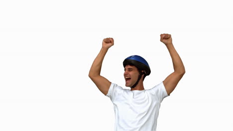 Man-on-his-bicycle-raising-arms-on-white-screen