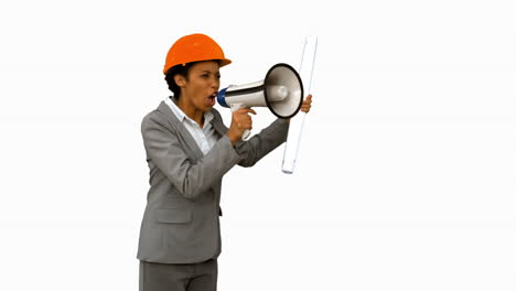 Angry-architect-using-a-megaphone-on-white-screen-in-slow-motion