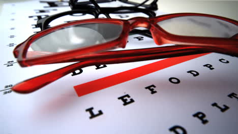 Three-pairs-of-glasses-falling-onto-eye-test