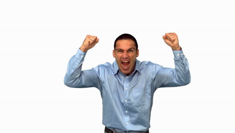 Angry-businessman-raising-arms-on-white-screen