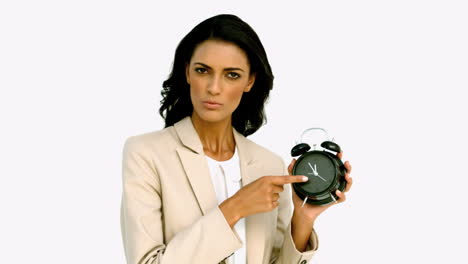 Businesswoman-angrily-pointing-to-the-time
