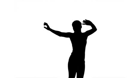 Silhouette-of-woman-jumping-and-raising-arms-on-white-background