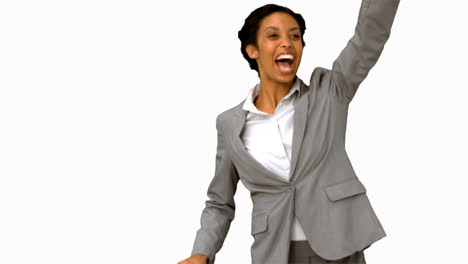 Cheerful-woman-waving-at-someone-on-white-screen