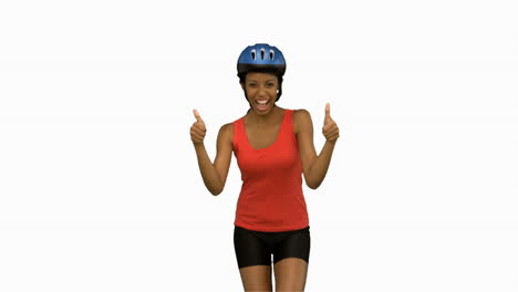 Cyclist-woman-giving-thumbs-up-on-white-screen