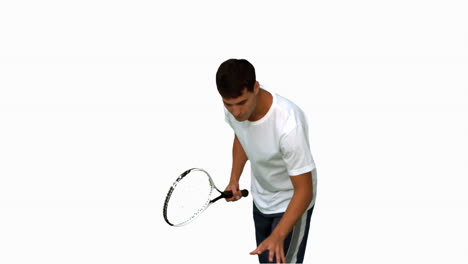 Mann-Hält-Einen-Tennisball-Und-Einen-Schläger-Auf-Weißem-Bildschirm