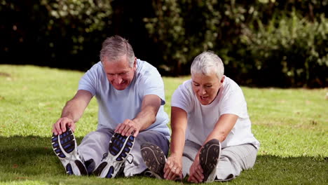 Mature-couple-stretching-on-the-grass