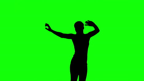 Silhouette-Einer-Frau,-Die-Auf-Einem-Grünen-Bildschirm-Springt-Und-Die-Arme-Hebt