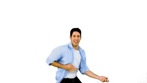 Man-playing-air-guitar-on-white-background