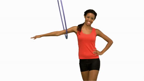 Woman-working-out-with-a-hula-hoop-on-white-screen