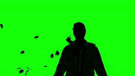 Silhouette-of-a-man-under-falling-leaves-on-green-screen