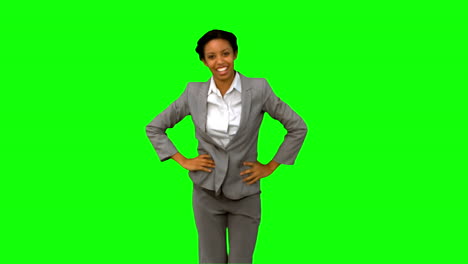 Fröhliche-Geschäftsfrau-Tanzt-Auf-Grünem-Bildschirm