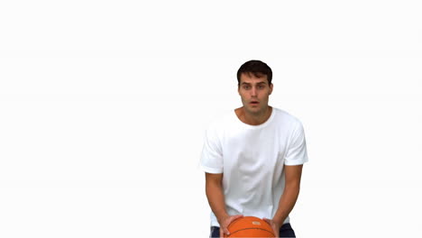 Mann-Fängt-Und-Wirft-Einen-Basketball-Auf-Weißem-Bildschirm