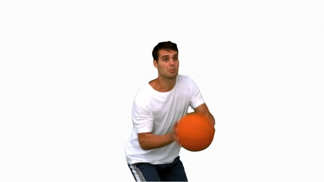 Handsome-man-playing-with-a-basketball-on-white-screen