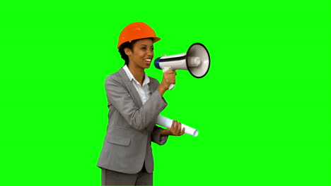 Happy-architect-using-a-megaphone-on-green-screen