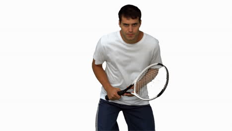 Handsome-man-training-while-playing-tennis-on-white-screen