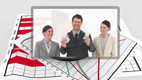 Futuristic-interface-showing-business-people-scenes-with-graph-on-background